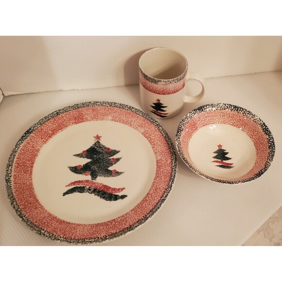 Gibson Christmas Star Dinnerware Set New 12pc Tree Spongeware Bowl Plate Mug Y2K - Picture 9 of 12